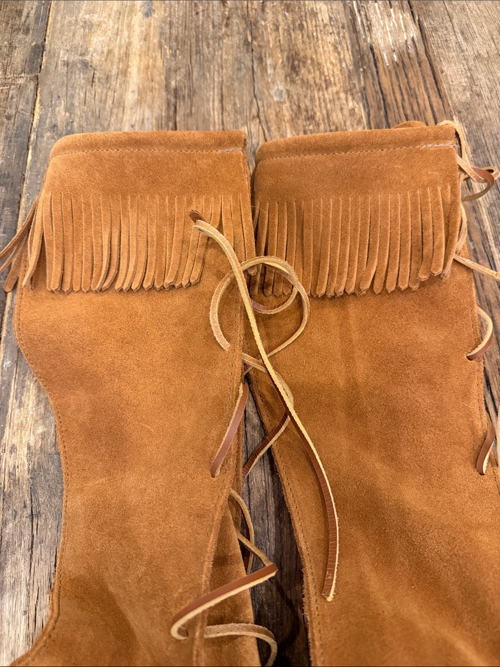 Minnetonka Tall Fringe Lace-Up Suede Boots - Chestnut - Picture 7 of 7